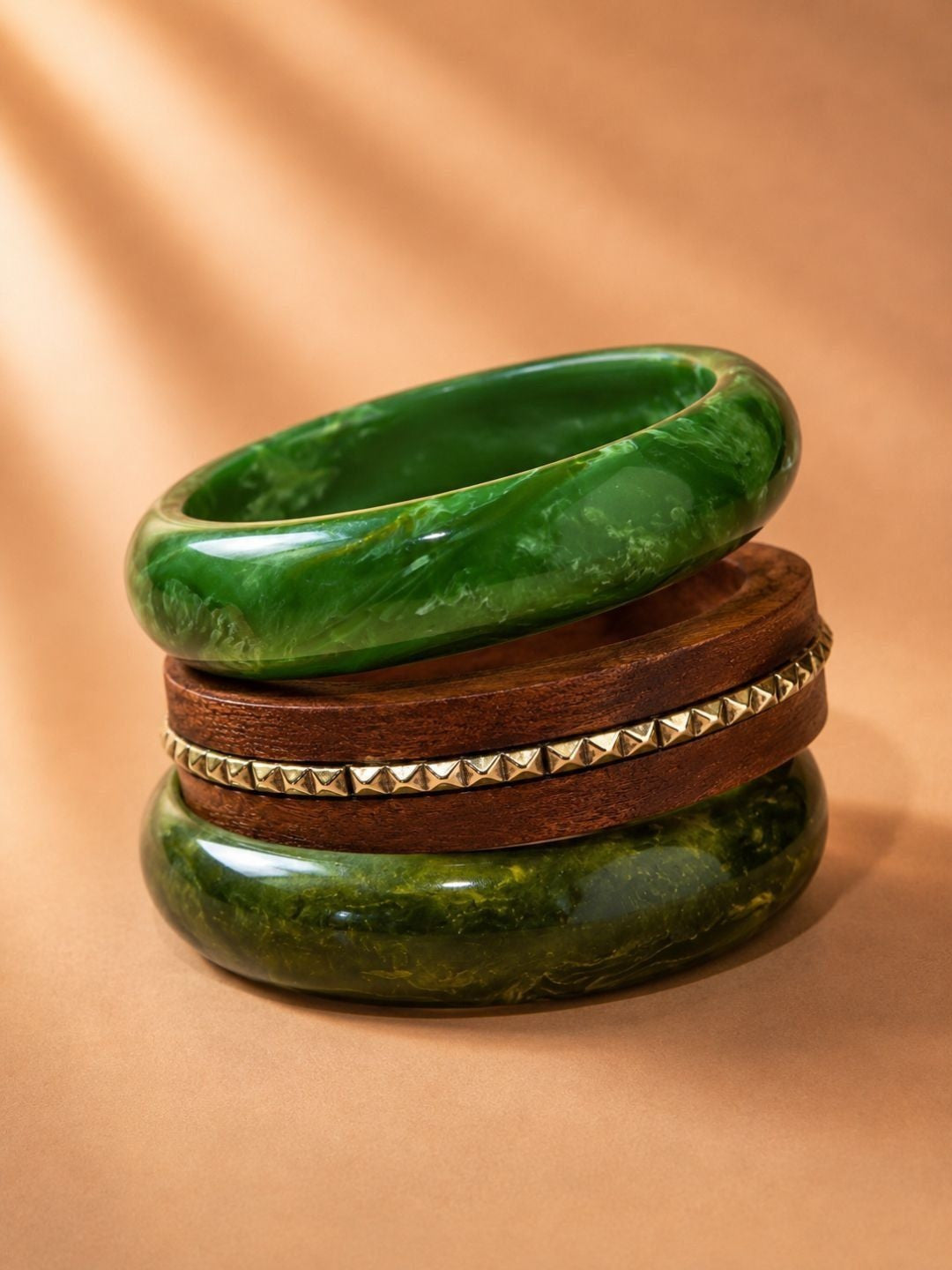 Green Marble Resin & Wood Bangle Set of 3