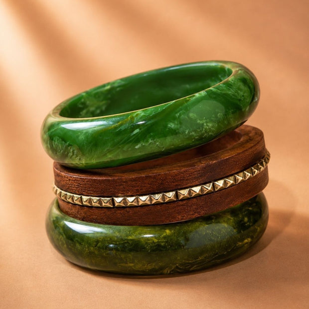 Green Marble Resin & Wood Bangle Set of 3