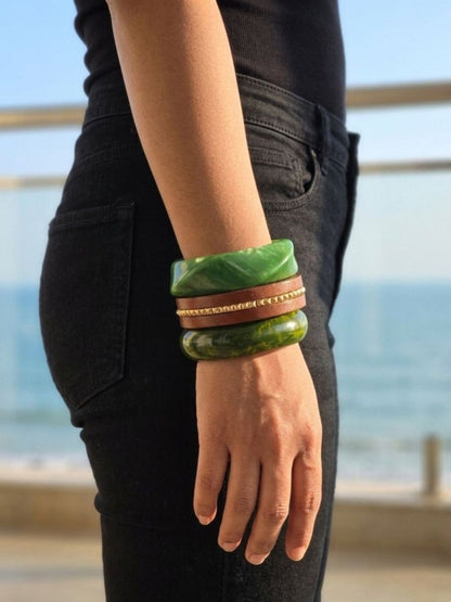 Green Marble Resin & Wood Bangle Set of 3