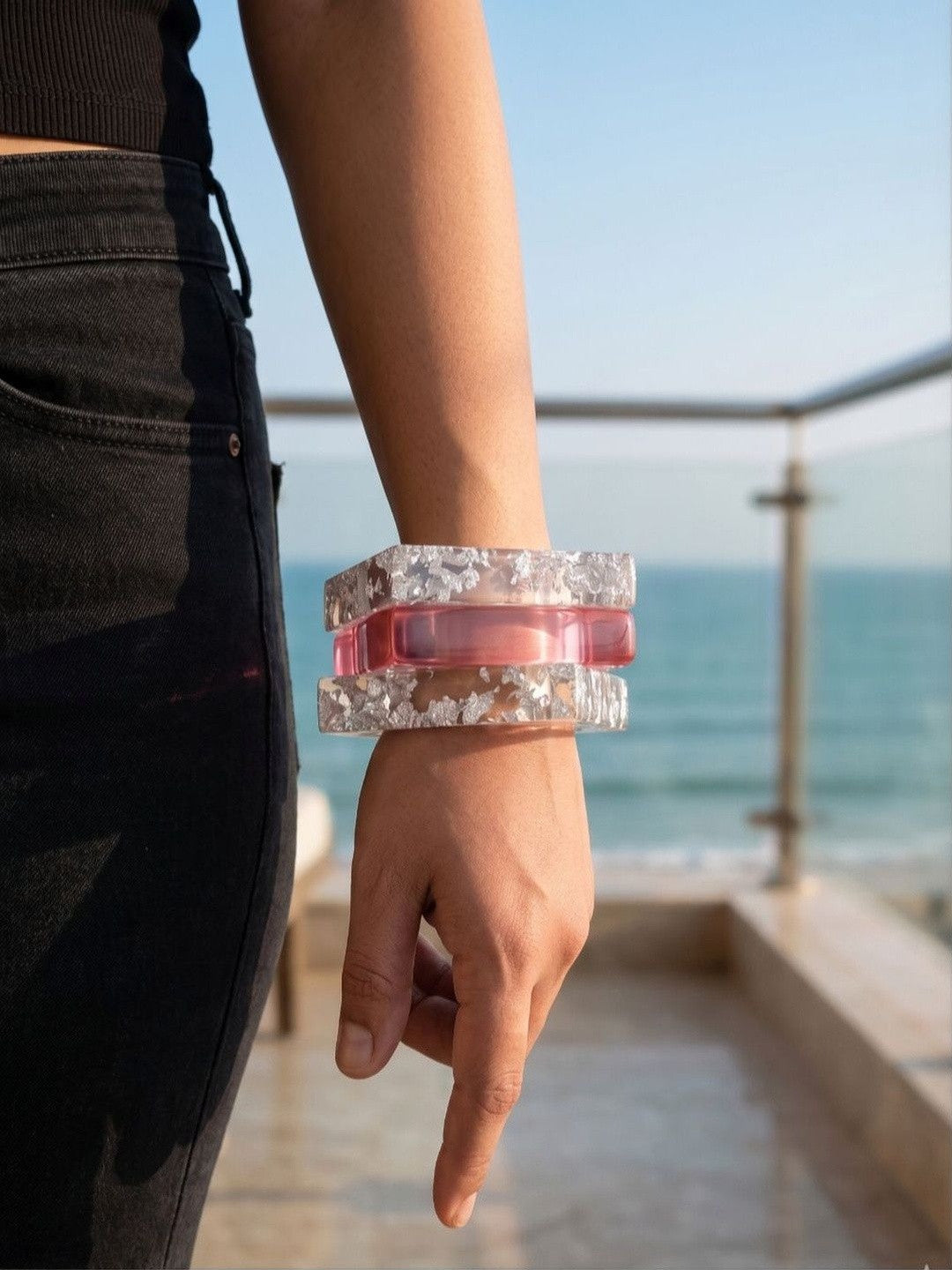 Silver Foil Clear Resin Bangles Set of 3