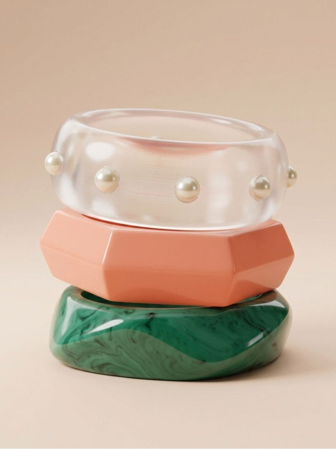 Resin Pearl-Studded Lucite Bangles Set of 3