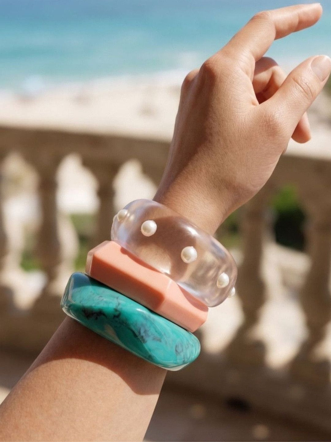 Resin Pearl-Studded Lucite Bangles Set of 3