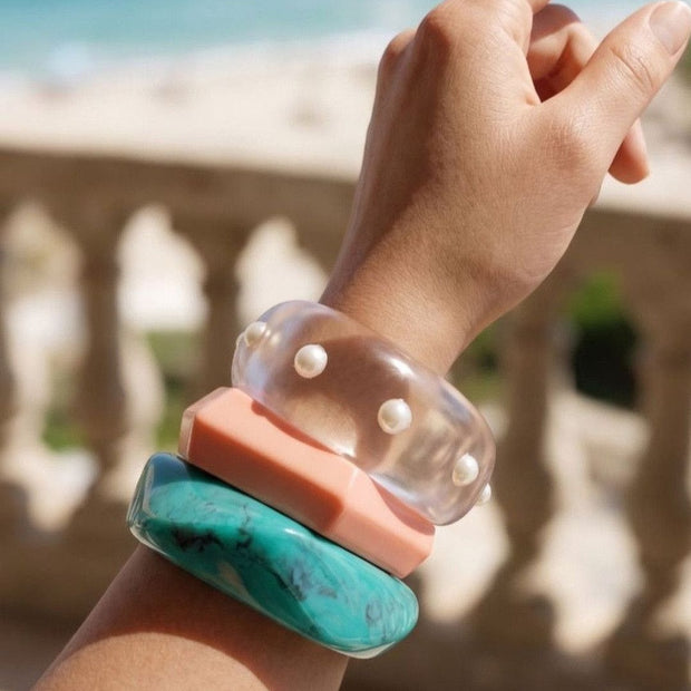 Resin Pearl-Studded Lucite Bangles Set of 3