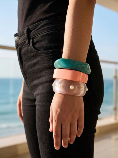 Resin Pearl-Studded Lucite Bangles Set of 3