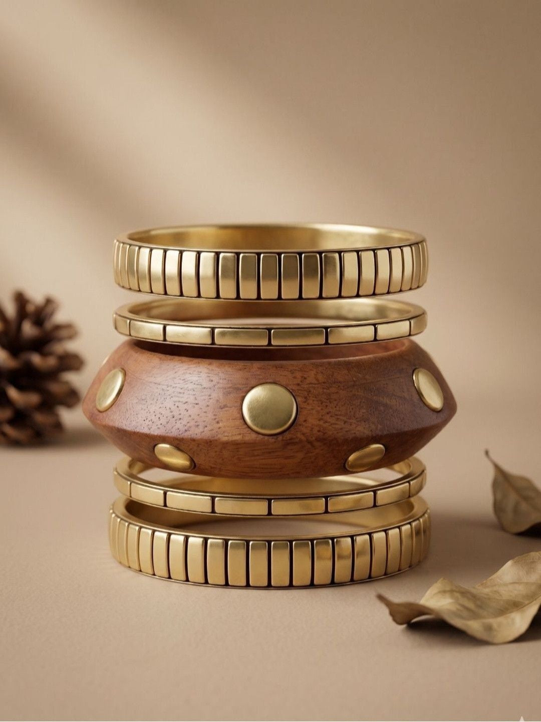 Gold-Plated Wood & Metal Bangles Set of 5