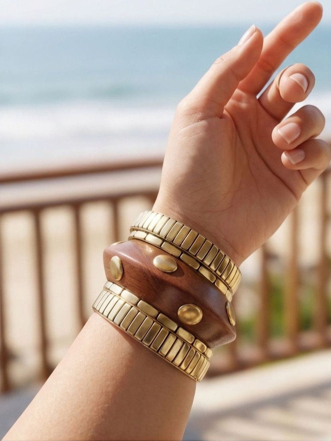 Gold-Plated Wood & Metal Bangles Set of 5