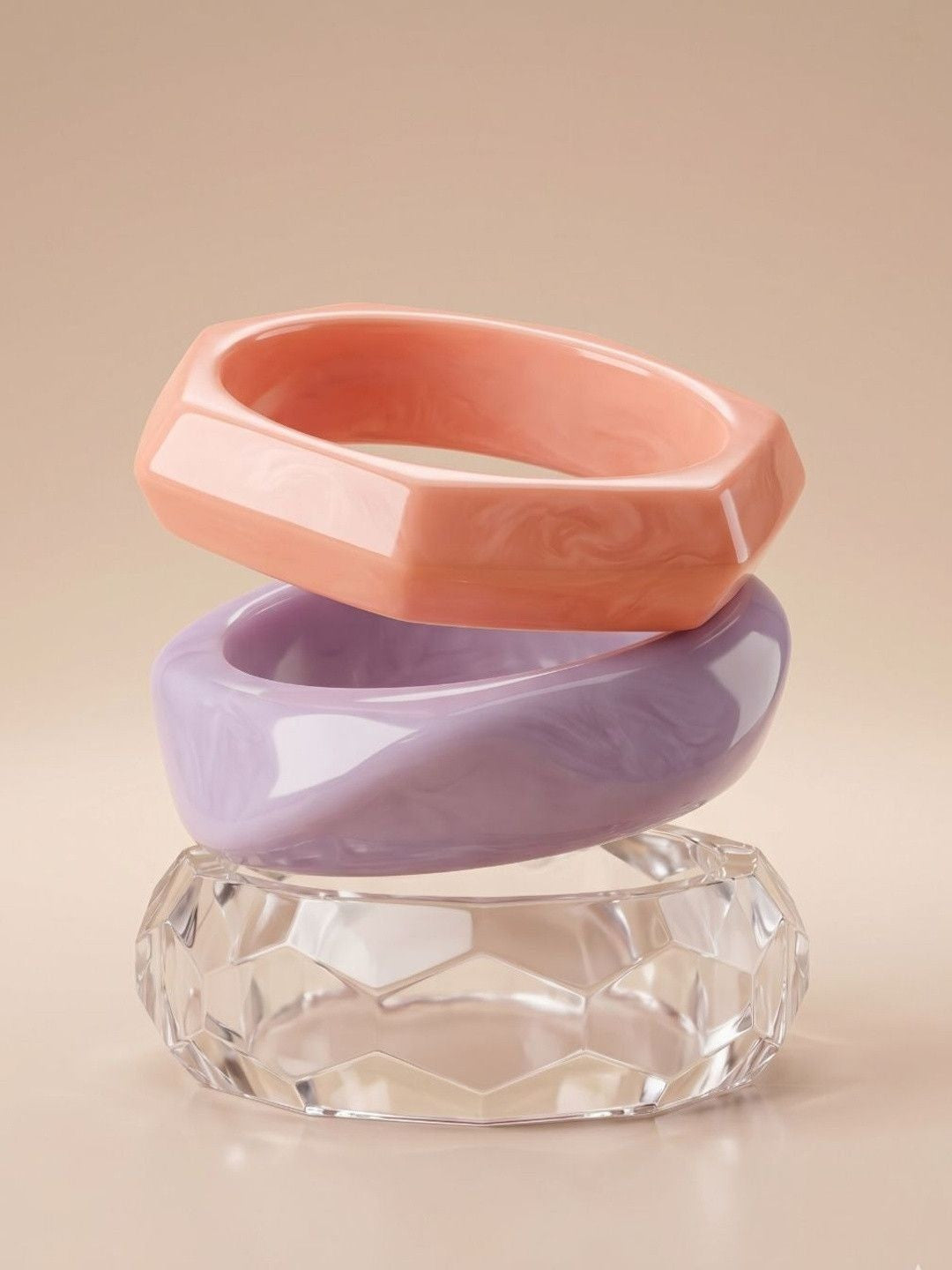 Resin Marble Bangles Peach Lilac Clear Set of 3