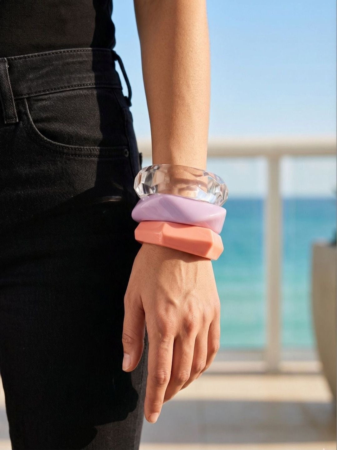 Resin Marble Bangles Peach Lilac Clear Set of 3