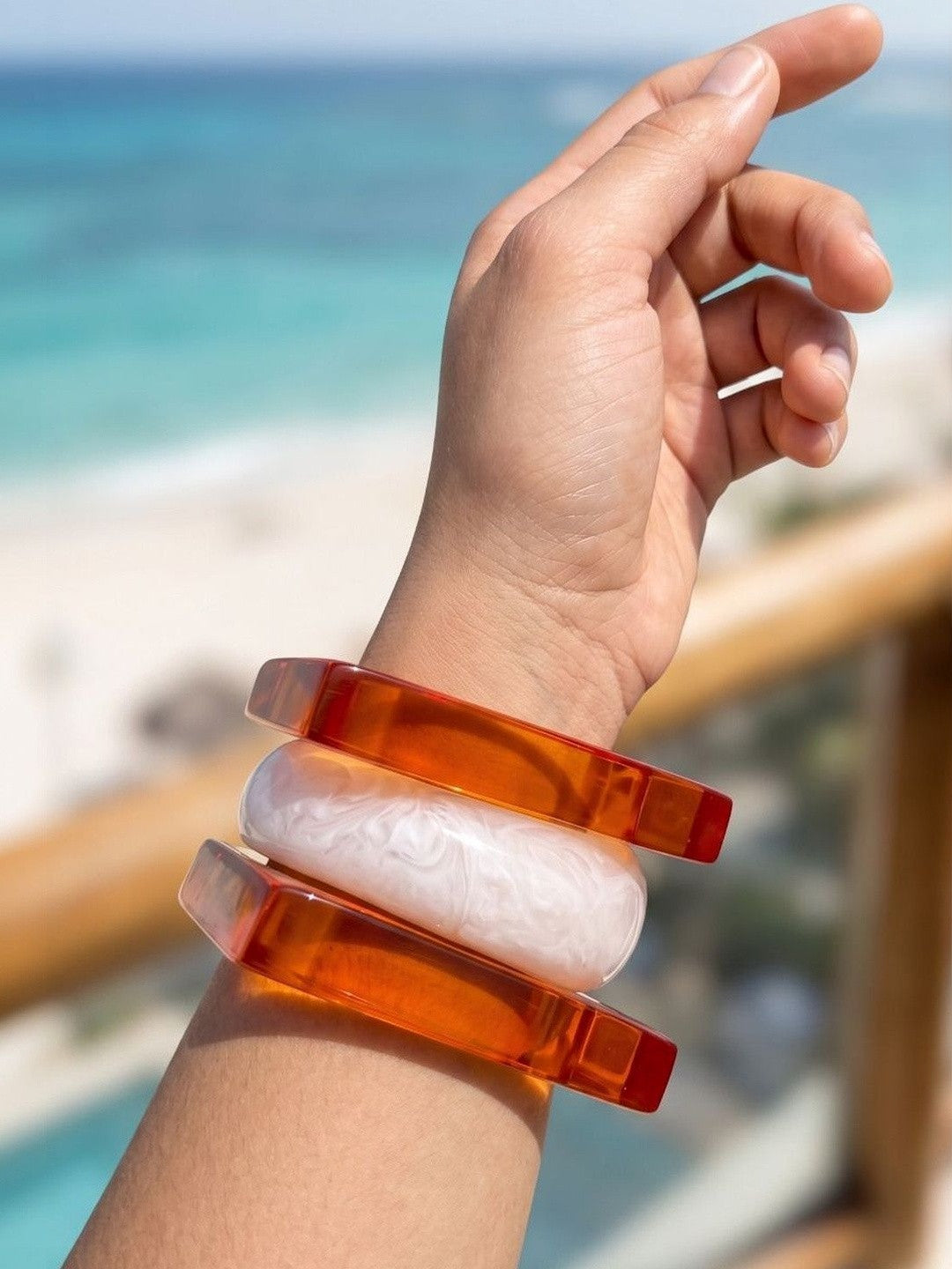Orange Resin Square Bangles with Pearl Bangle Set of 3