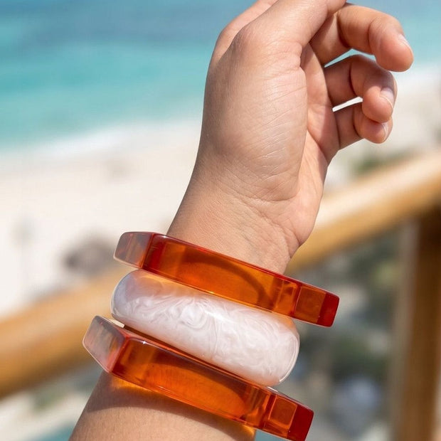 Orange Resin Square Bangles with Pearl Bangle Set of 3