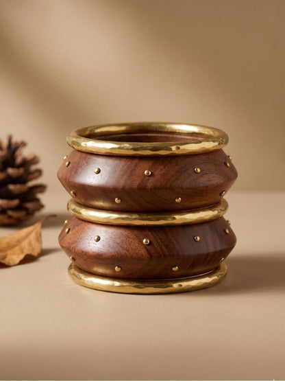 Wood & Brass Studded Kada Bangles Set of 5