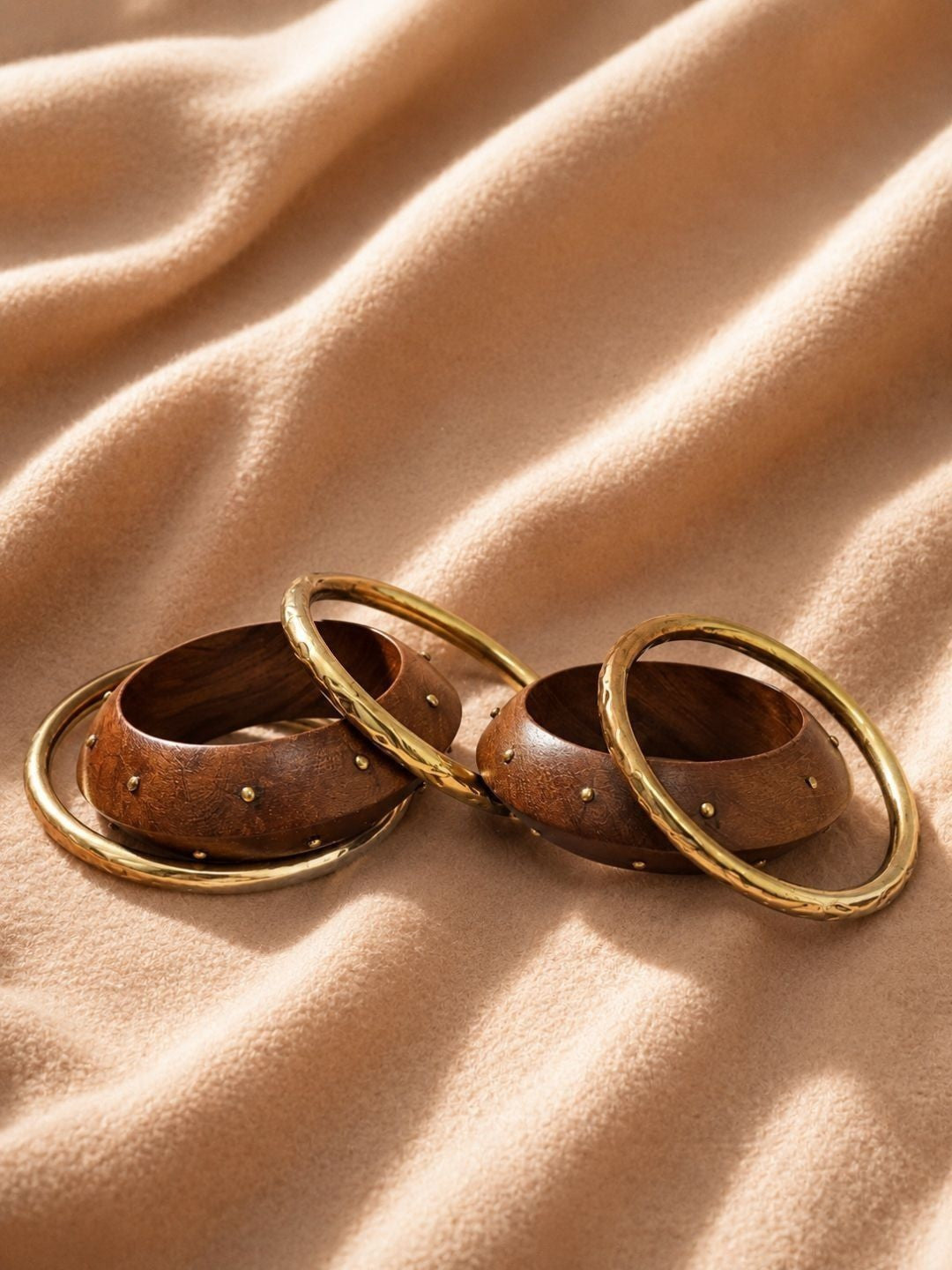 Wood & Brass Studded Kada Bangles Set of 5