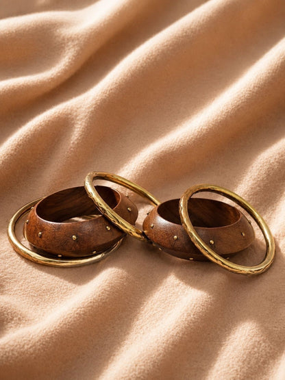 Wood & Brass Studded Kada Bangles Set of 5