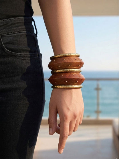 Wood & Brass Studded Kada Bangles Set of 5