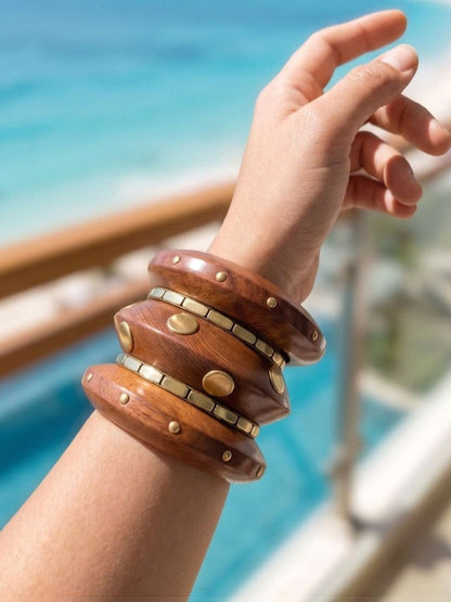 Brass-Toned Wood Bangles with Gold Studs Set of 5