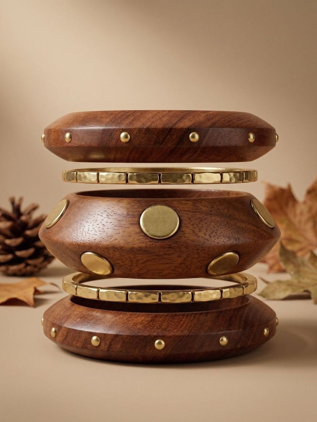 Brass-Toned Wood Bangles with Gold Studs Set of 5
