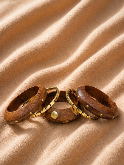 Brass-Toned Wood Bangles with Gold Studs Set of 5
