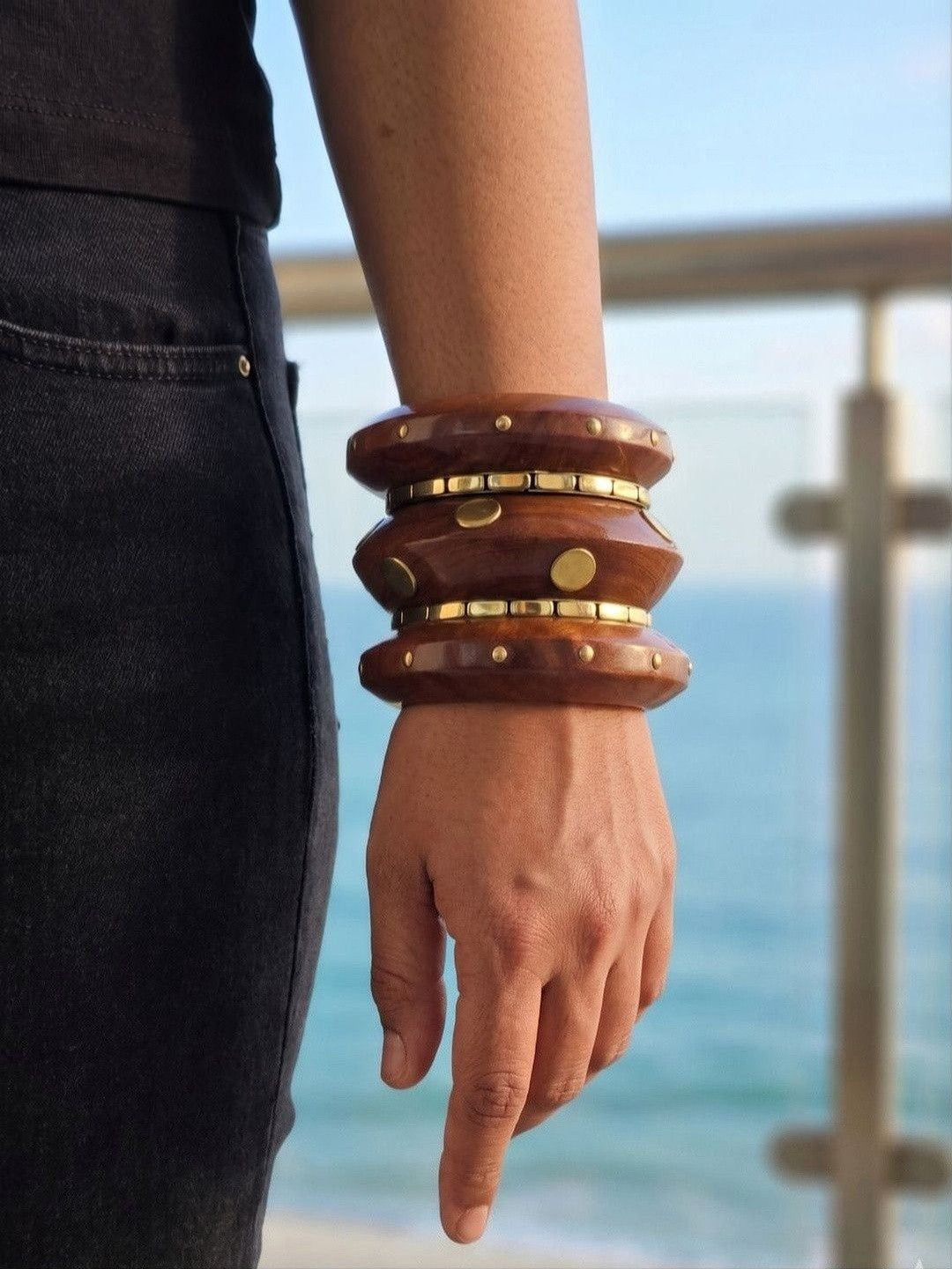 Brass-Toned Wood Bangles with Gold Studs Set of 5
