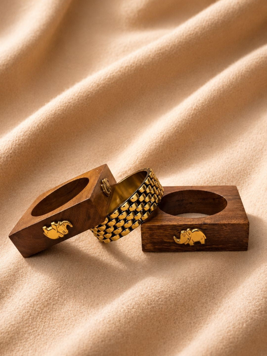 Gold-Tone Wood & Metal Bangles Set of 3