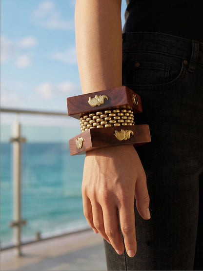 Gold-Tone Wood & Metal Bangles Set of 3
