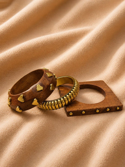 Gold-Plated Wood & Brass Bangle Set of 3