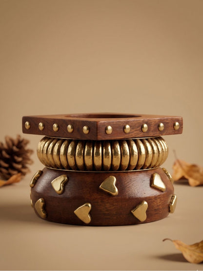 Gold-Plated Wood & Brass Bangle Set of 3