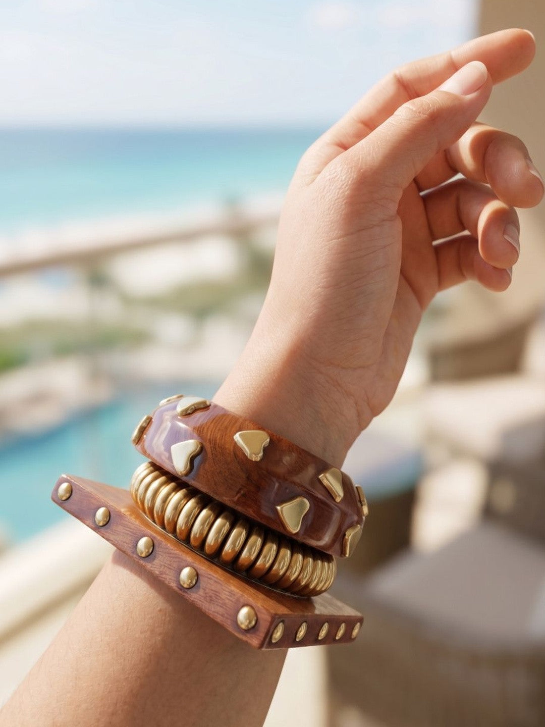 Gold-Plated Wood & Brass Bangle Set of 3