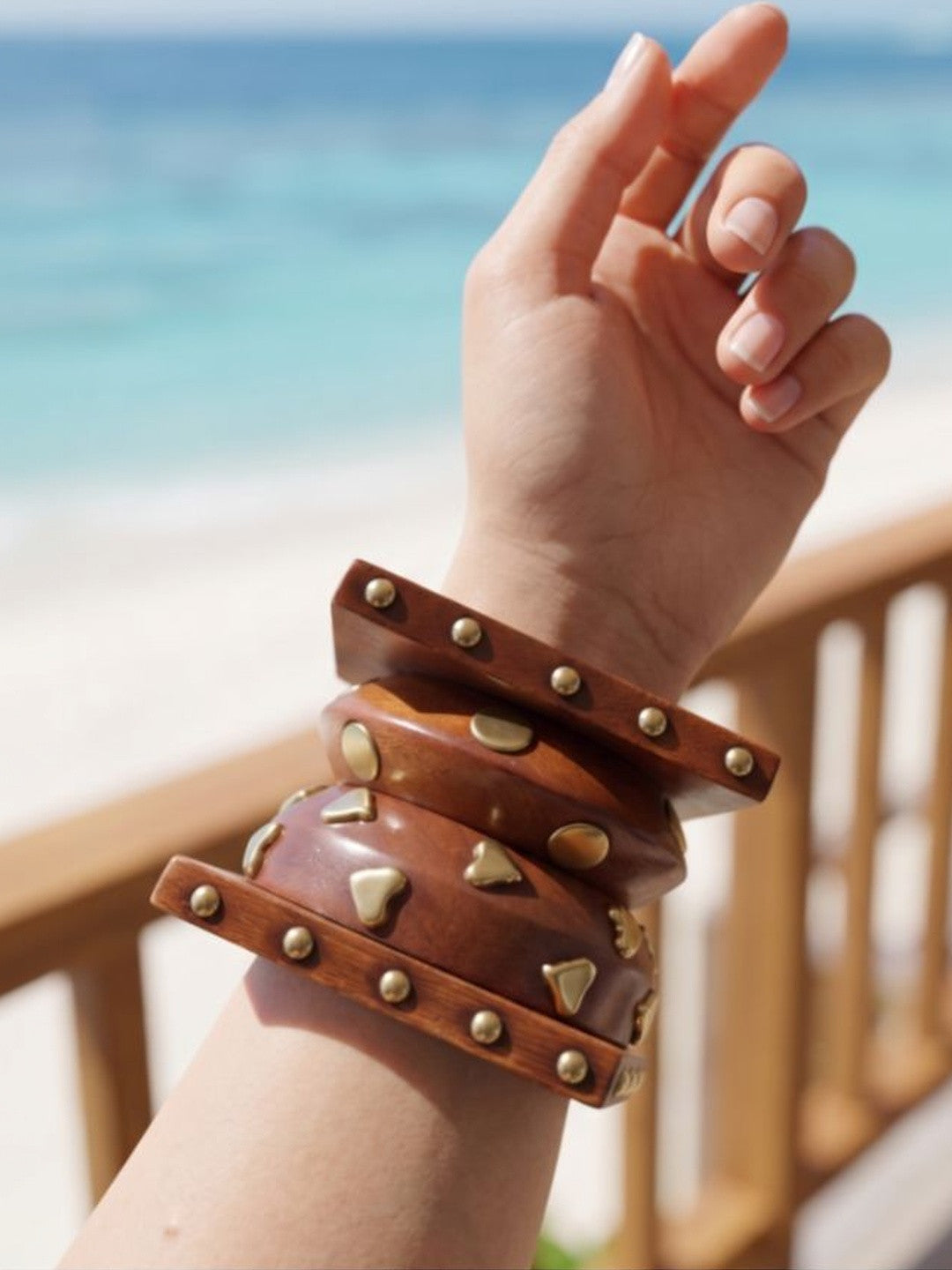 Gold-Studded Wooden Bangles Set of 4
