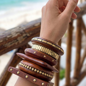 Brass-Inlay Wooden Bangles for Women Set of 6