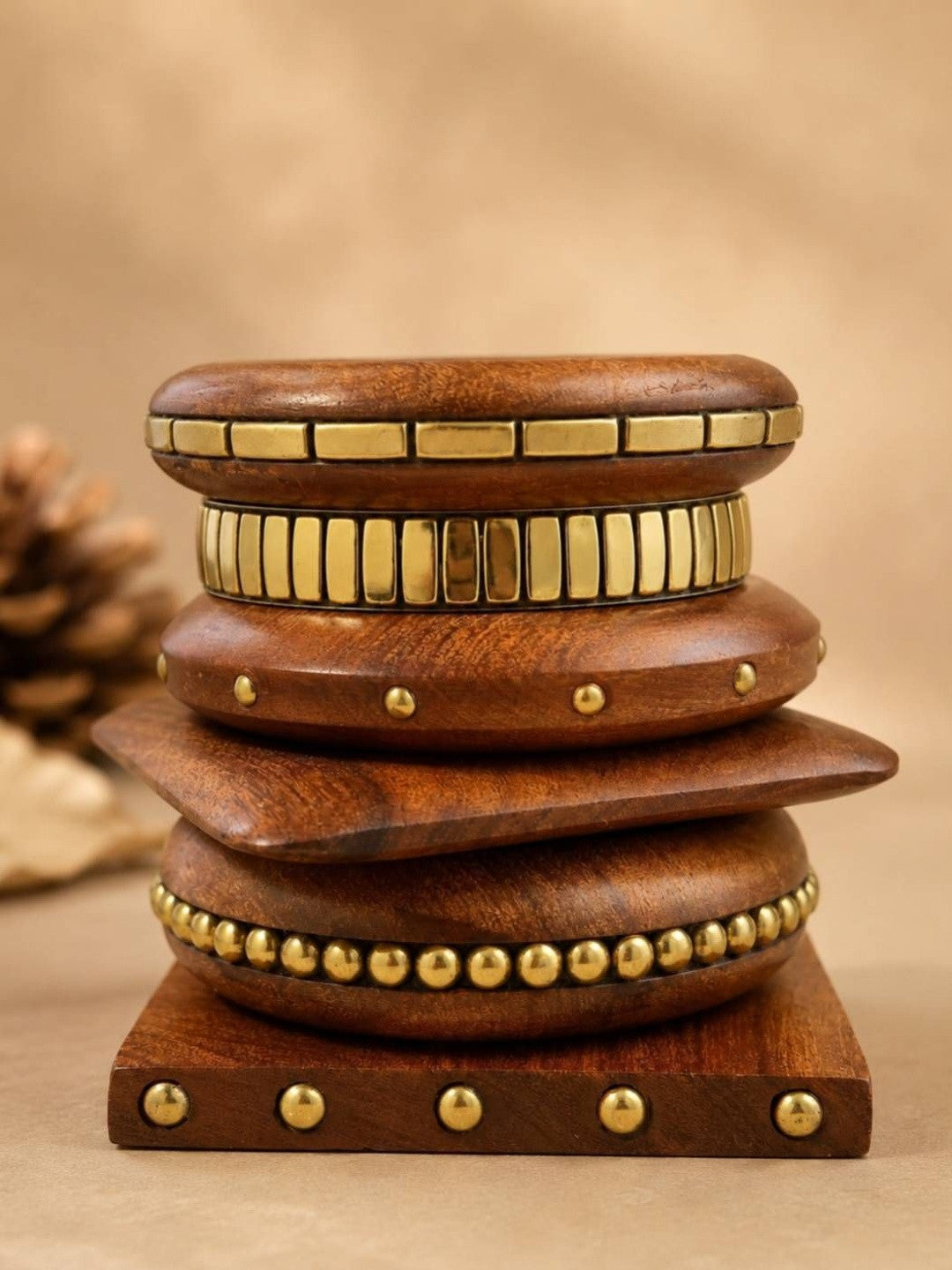 Brass-Inlay Wooden Bangles for Women Set of 6