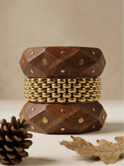 Gold-Tone Wood & Brass Bead Bangles Set of 3