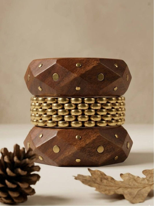 Gold-Tone Wood & Brass Bead Bangles Set of 3