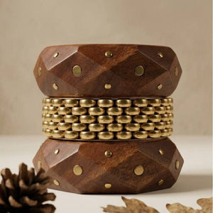 Gold-Tone Wood & Brass Bead Bangles Set of 3