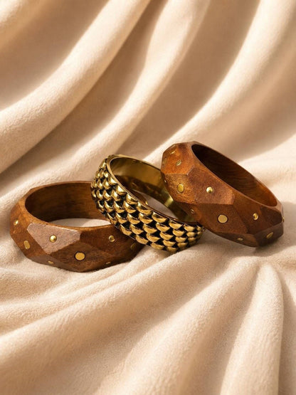 Gold-Tone Wood & Brass Bead Bangles Set of 3