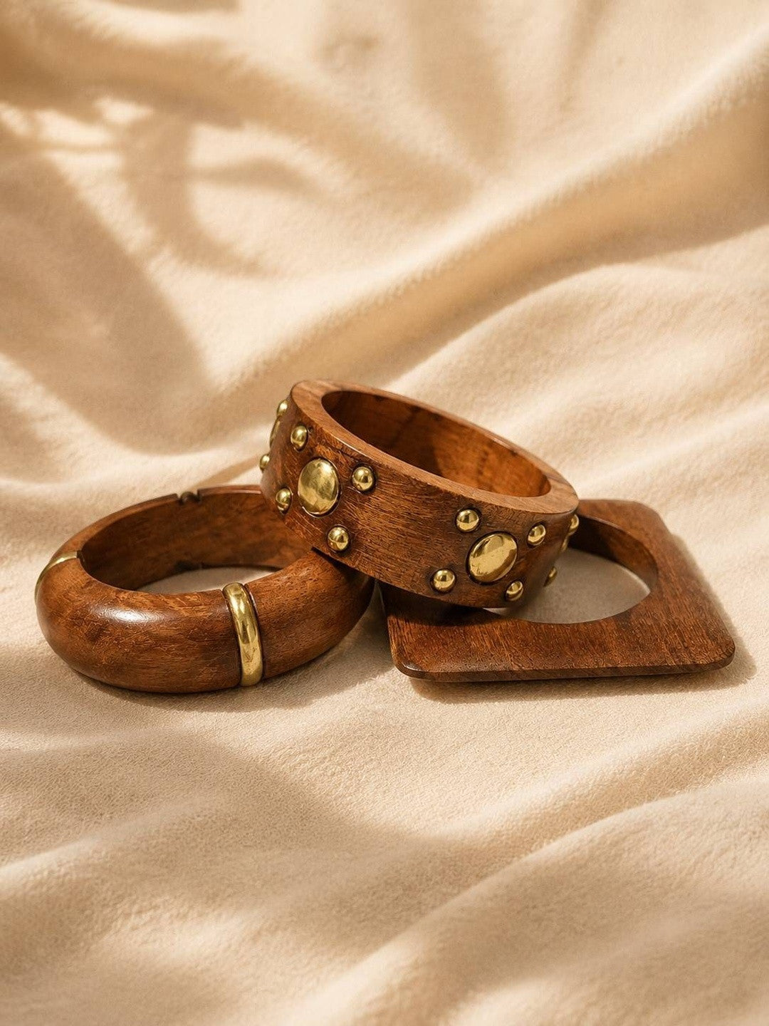 Brass-Studded Wooden Bangles Set of 3