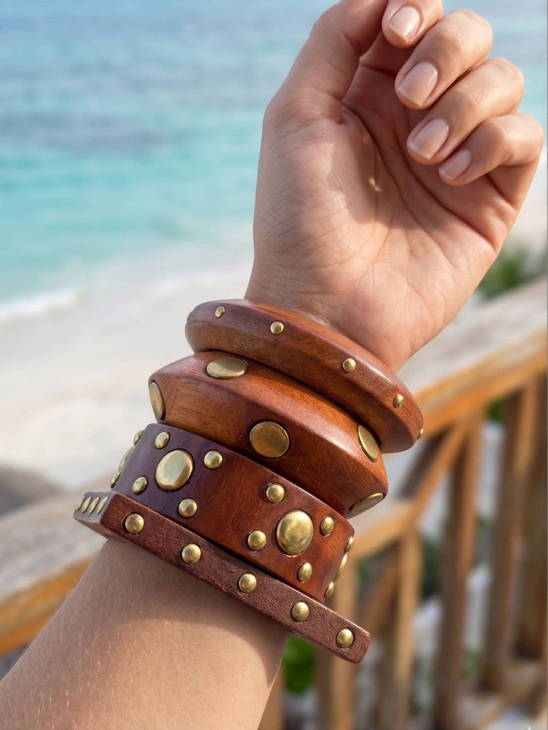 Brass-Studded Wooden Bangles for Women Set of 4