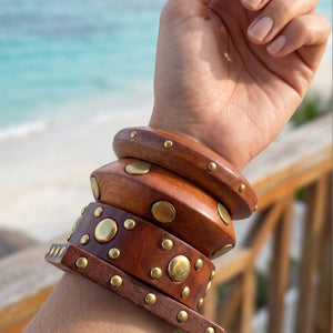 Brass-Studded Wooden Bangles for Women Set of 4