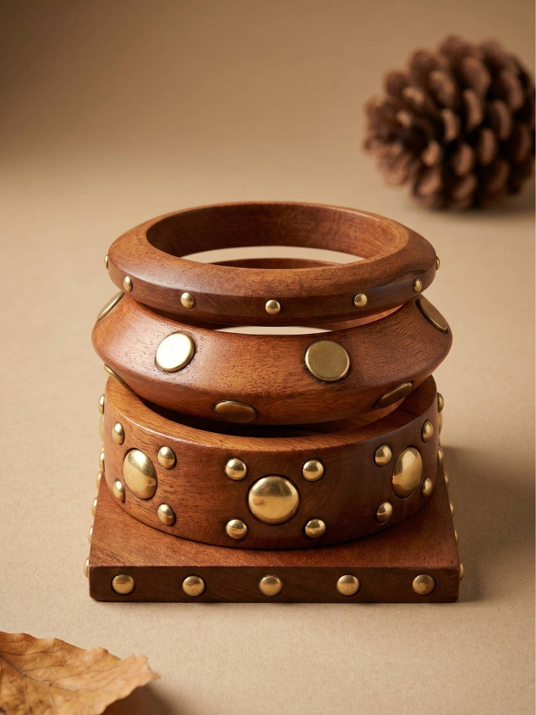 Brass-Studded Wooden Bangles for Women Set of 4