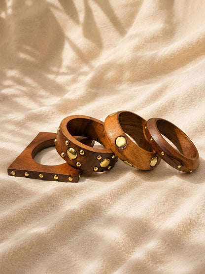 Brass-Studded Wooden Bangles for Women Set of 4