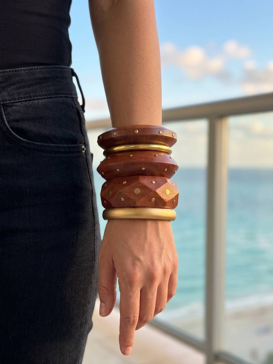Brass-Studded Wooden Bangles Set of 5