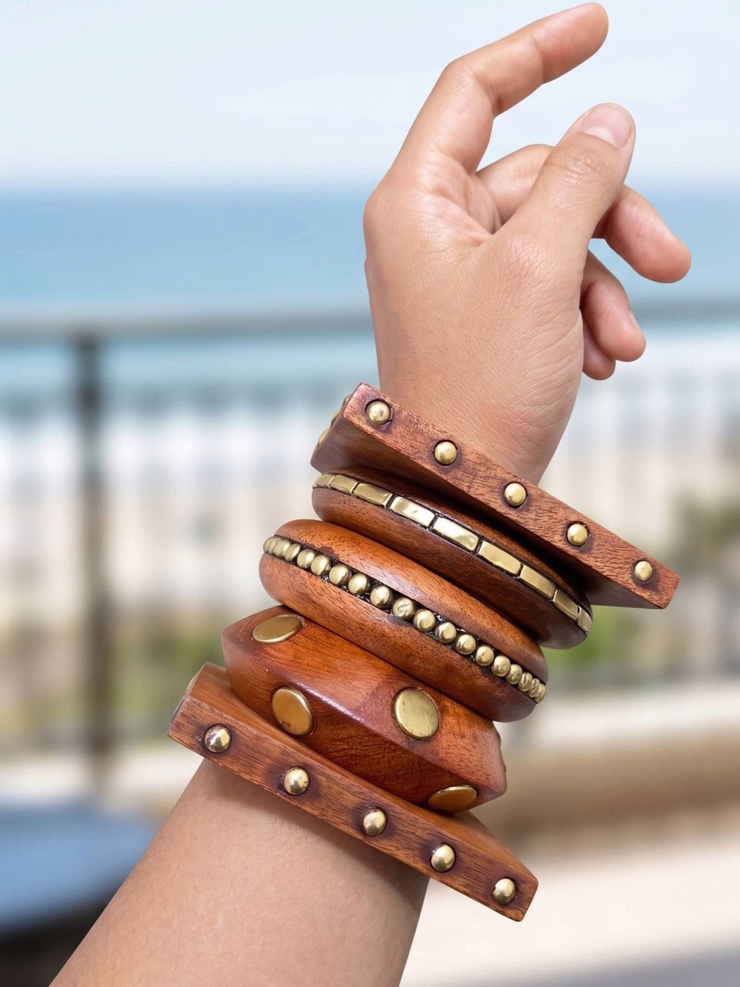Brass-Studded Wooden Bangles Set of 5