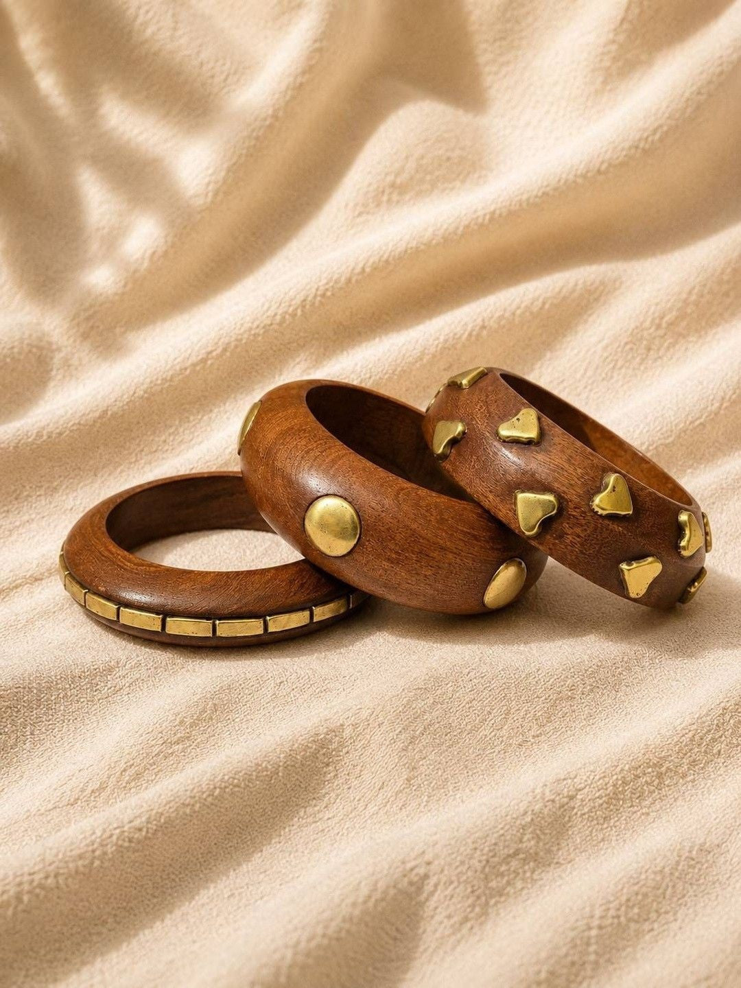 Brass-Studded Wooden Bangles Set of 3