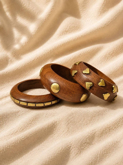 Brass-Studded Wooden Bangles Set of 3