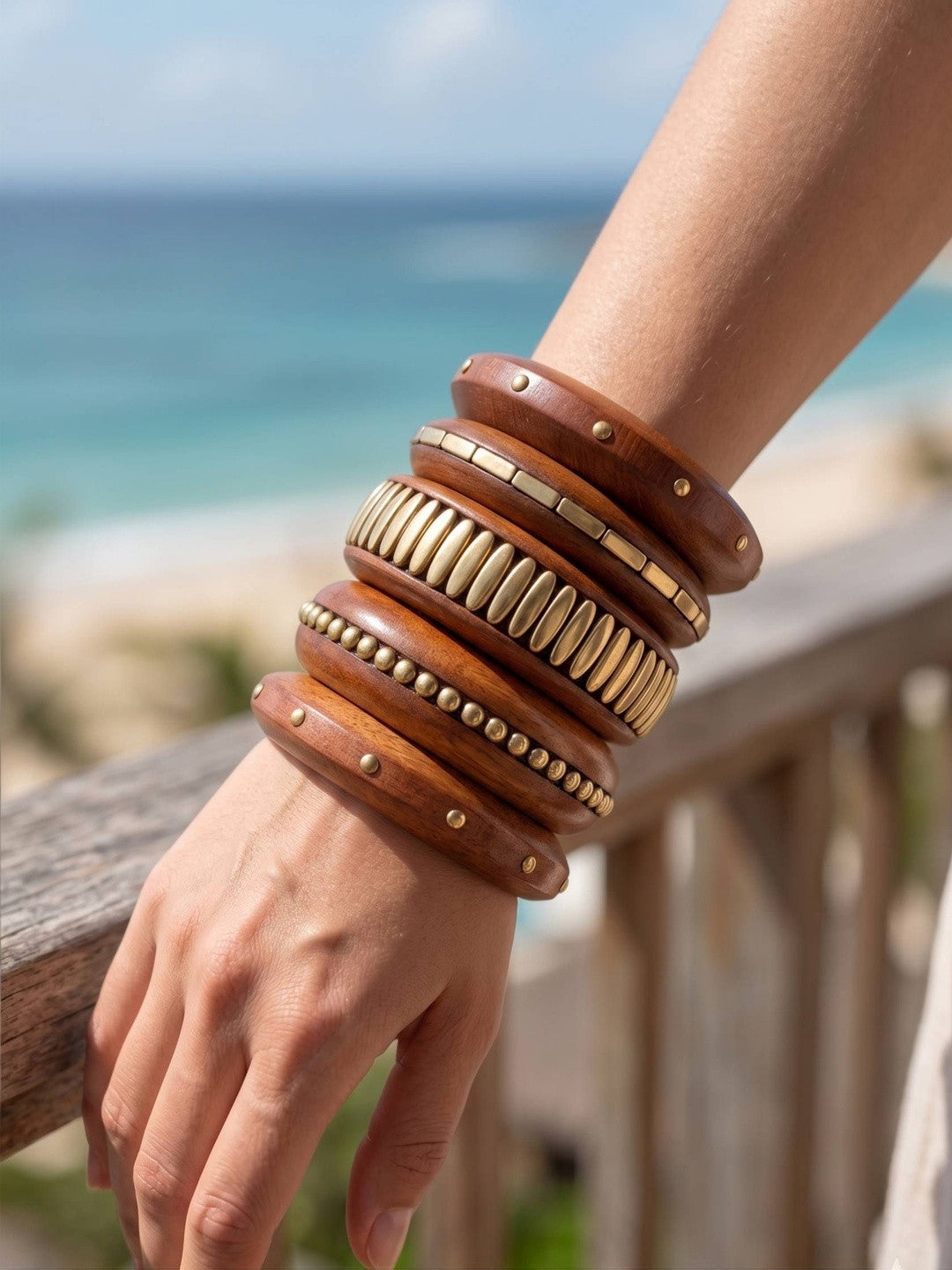 Brass-Finish Wooden Bangles Set of 5