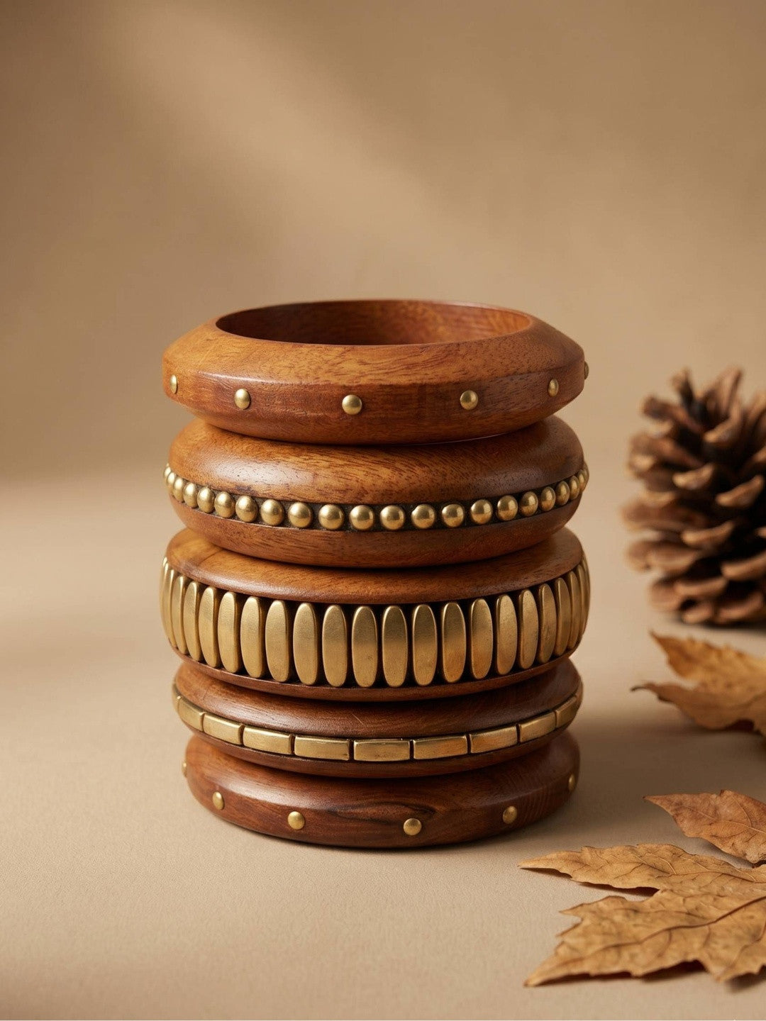 Brass-Finish Wooden Bangles Set of 5