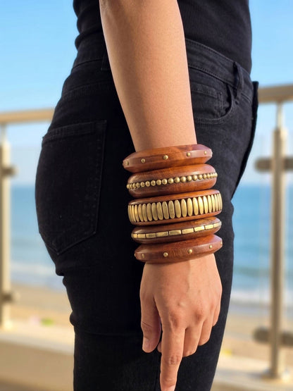 Brass-Finish Wooden Bangles Set of 5