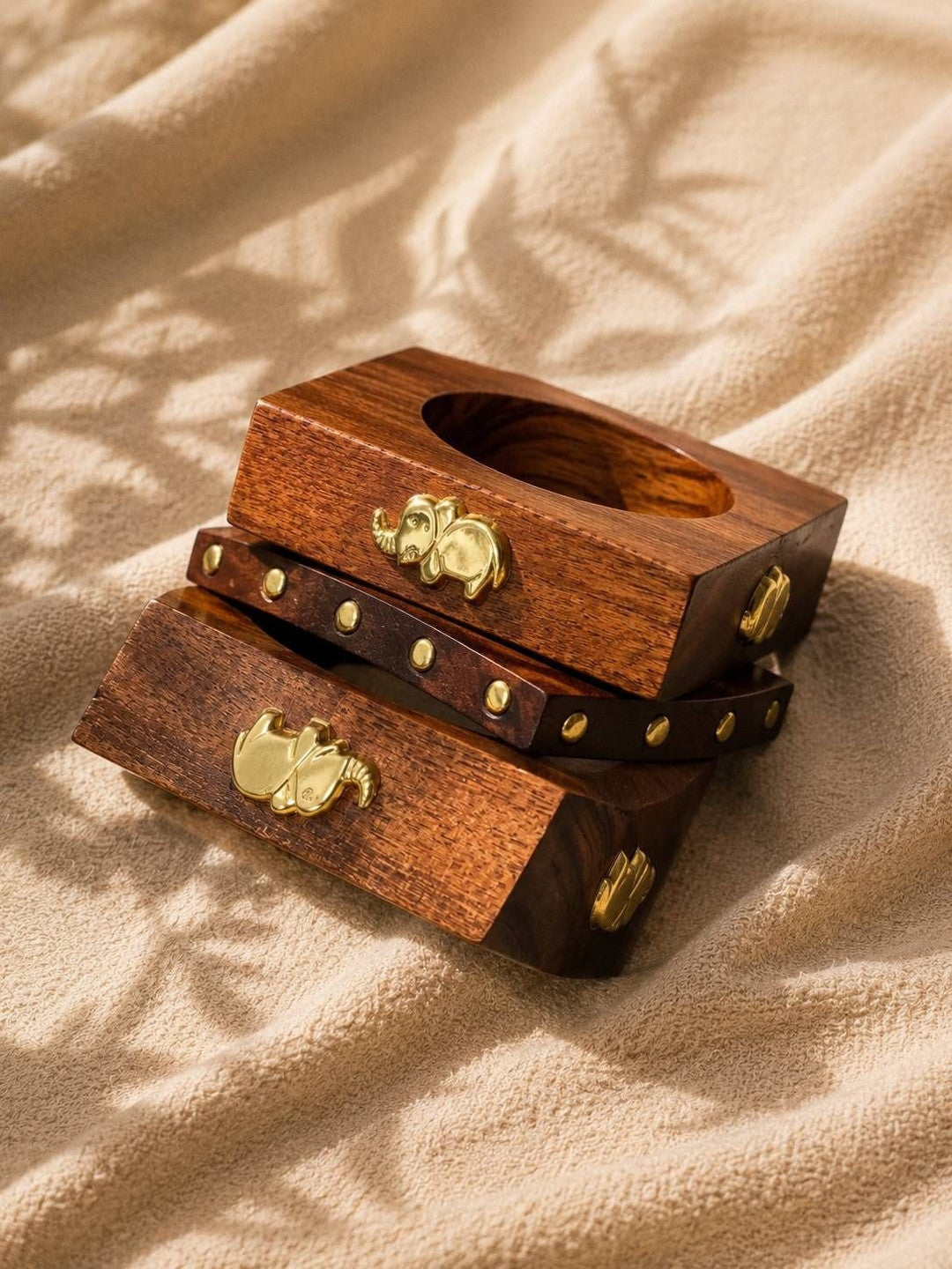 Brass Elephant Wooden Bangles Set of 3
