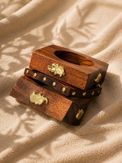 Brass Elephant Wooden Bangles Set of 3