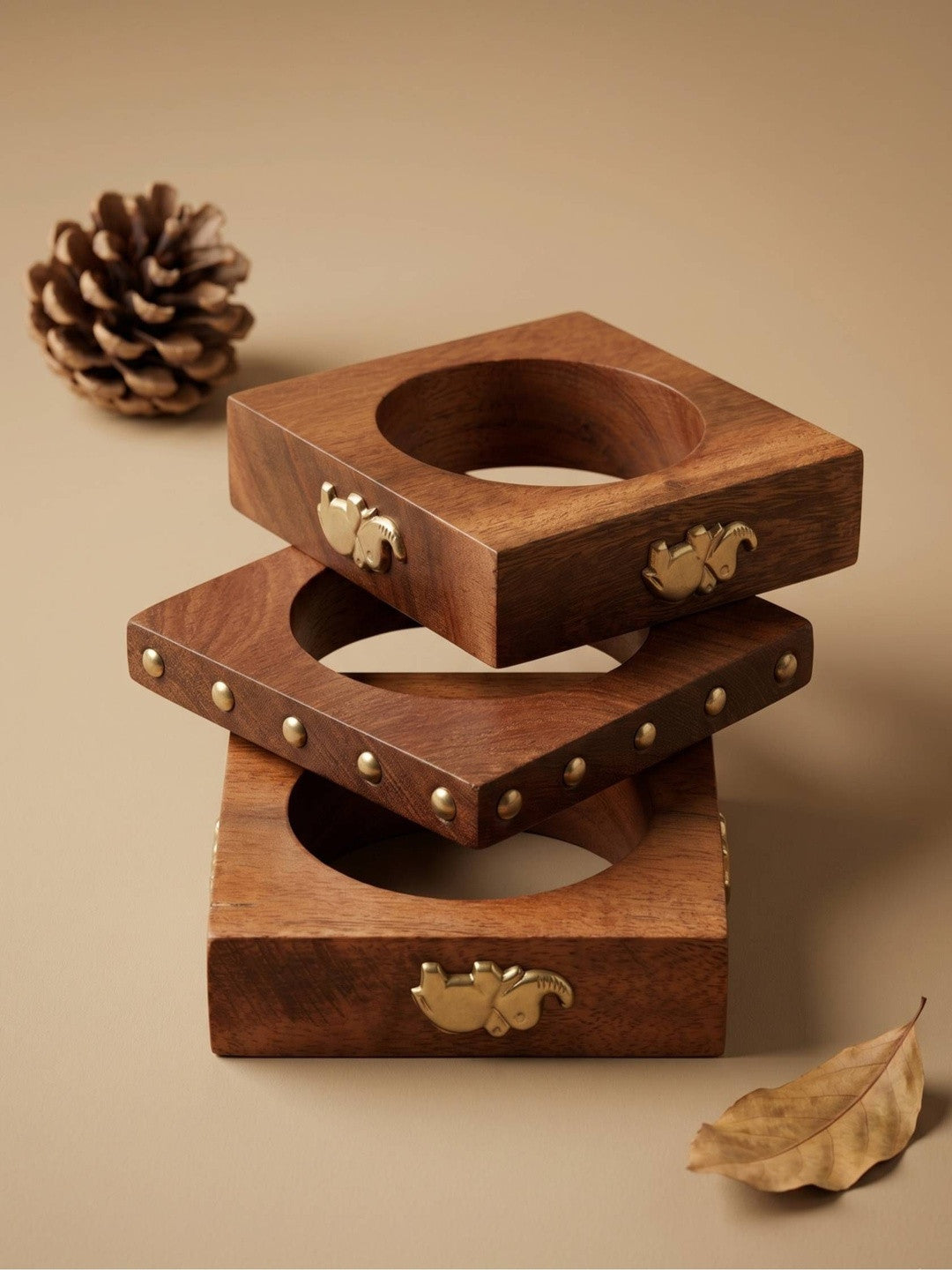 Brass Elephant Wooden Bangles Set of 3