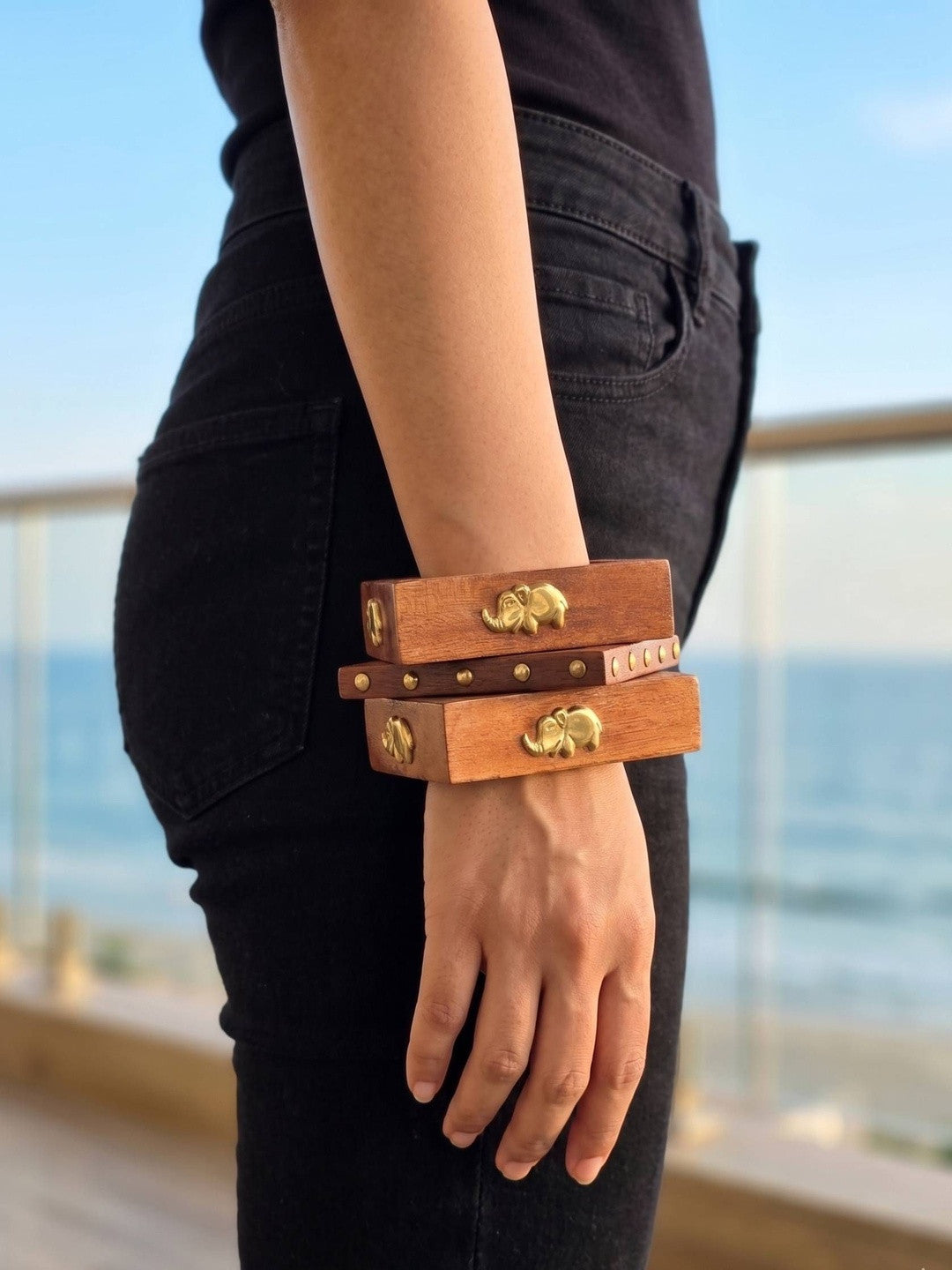 Brass Elephant Wooden Bangles Set of 3